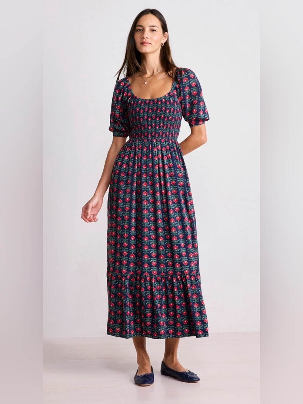 Vineyard Vines Ellen Maxi Dress Ruby Block Navy Floral Puff Short Sleeves S NWT